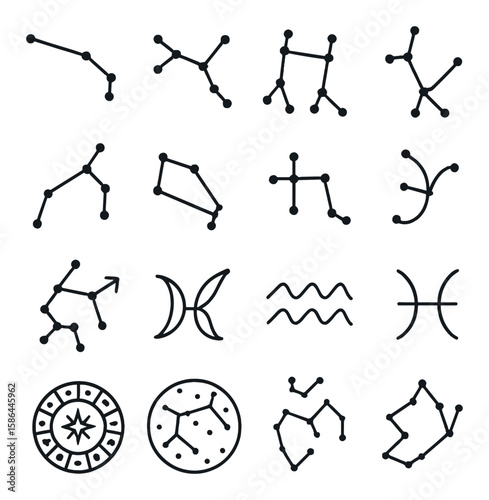 Zodiac icon collection. minimal star signs constellations. linear aries, taurus, gemini, cancer