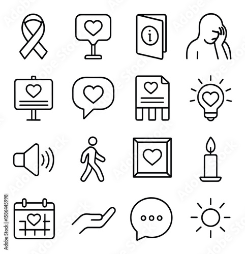 Grief campaign icon collection: simple linear icons for grieving, support, heart, candle, book, person, light bulb, calendar