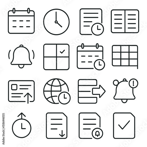Minimalist schedule icon collection. simple linear planner: calendar, clock, reminder, note, checklist