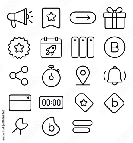 Minimalist campaign icon collection. simple linear icons: megaphone, calendar, gift, timer, map, bell