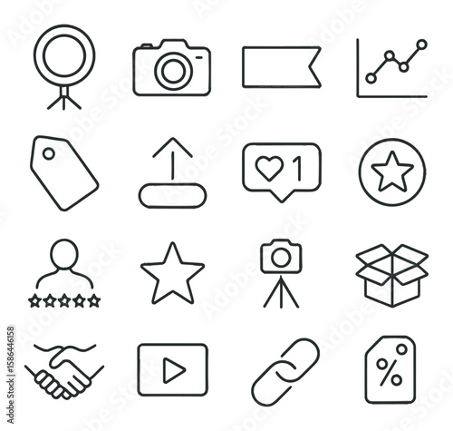 Influencer toolkit icon collection. simple linear icons: camera, star, chart, box, graph,