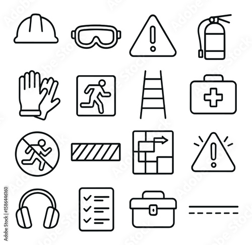 Workplace safety icon collection. essential safety simple, minimalist icons. helmet, goggles, warning, extinguisher, gloves, ladder, first aid, prohibition, ear protection