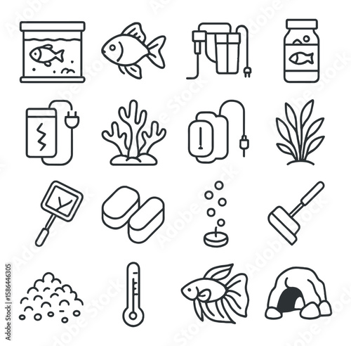 Aquatic pet icon collection. fish tank, filter, coral, plant, thermometer, cave, linear
