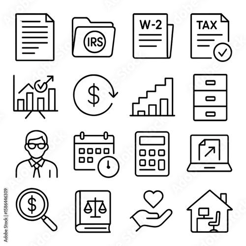 Tax icon collection: essential finance, taxation, irs, accounting, audit symbols linear