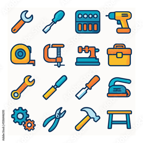 Workshop tools icon collection. essential tools flat design: wrench, drill, hammer, pliers, toolbox