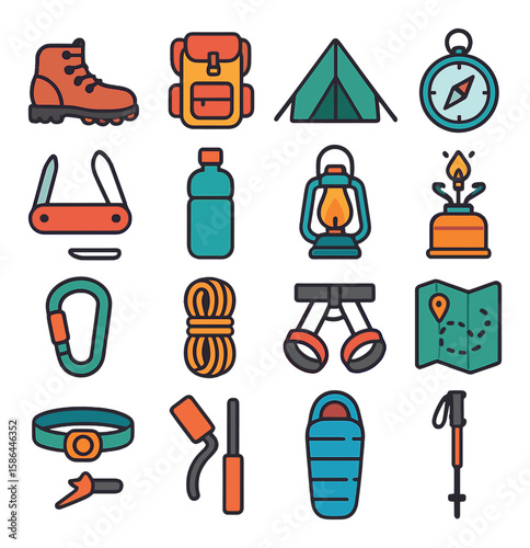 Outdoor gear icon collection. camping essentials, minimalist hiking, backpacking linear icons, boots, tent, compass, lantern, rope, map, minimalist