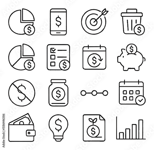 Finance icon collection. minimal linear money icons: wallet, piggy bank, chart, budget