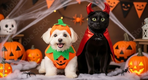 Halloween dog and cat costumes cute pets in pumpkin and devil outfits