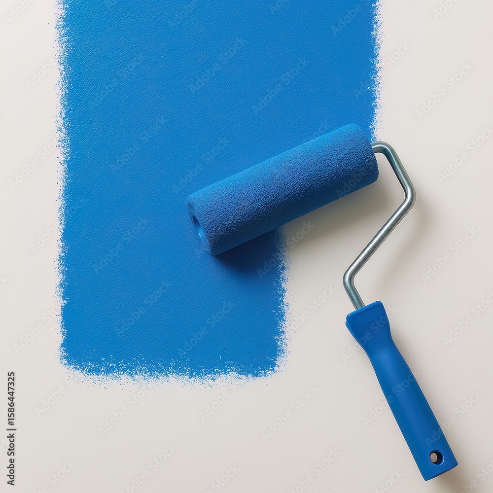 Obraz premium Blue paint roller and blue paint on a white background