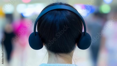 Person wearing headphones in a busy environment