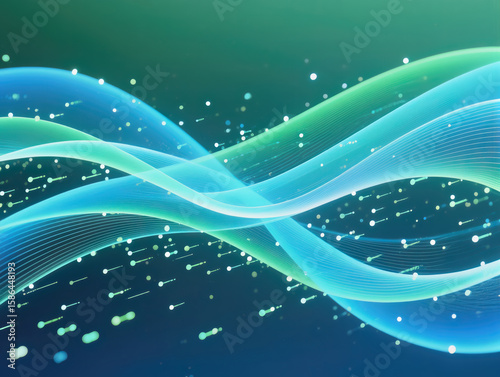 A futuristic background of glowing light blue and green lines, data particles flowing in the air. Streaming data. Data Flow	