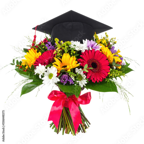 Bright colorful flower bouquet with daisies sunflowers gerbera roses and greenery tied with pink ribbon, topped with a black graduation cap for celebration