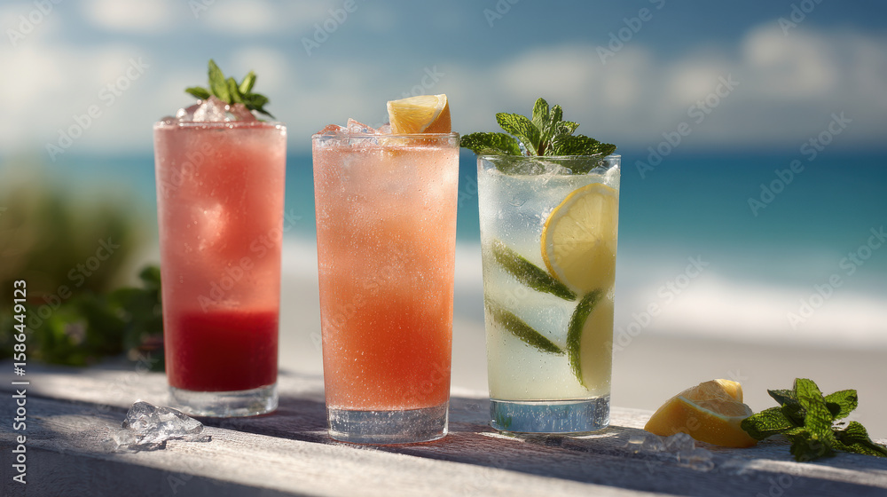 Fototapeta premium capture vibrant image of refreshing cocktails and lemonades adorned with bright fruits and ice set against