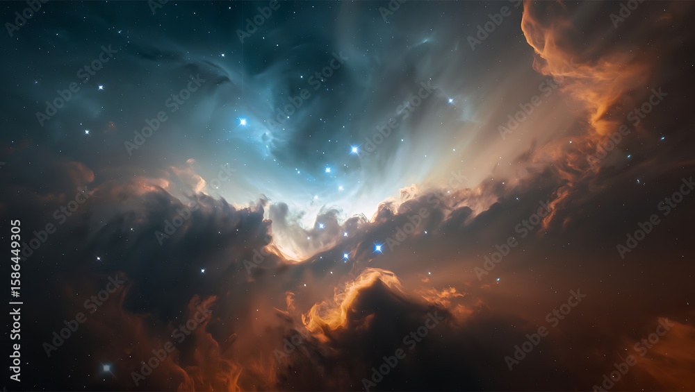 Naklejka premium A mesmerizing glimpse into the cosmos: Nebulous clouds of stellar dust and sparkling starlight,An ethereal panorama of space: Deep blues and fiery oranges in a swirling celestial scene