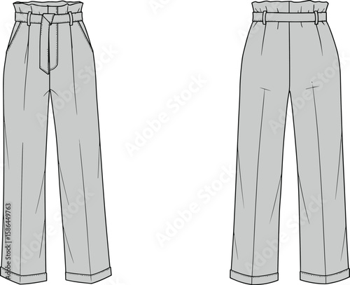 Technical flat sketch of women's shorts featuring a high paperbag waist with elastic gathering, belt loops, a decorative self-tie bow, and cuffed hems, presented in front and back views, 