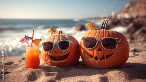 Pumpkins in Sunglasses: Beachfront Halloween Vibes with Tropical Drink and Ocean Backdrop, summerween