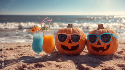 Tropical Halloween: Pumpkins with Sunglasses Enjoying a Beach Day with Colorful Cocktails, summerween