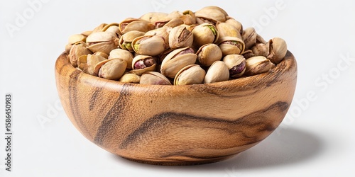 Wooden Bowl Full of Pistachios on Clean White Background – Minimalist Healthy Snack Concept