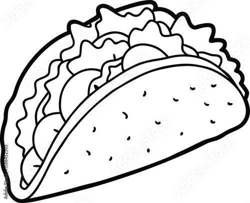 Simple black and white line drawing of a delicious taco filled with ingredients