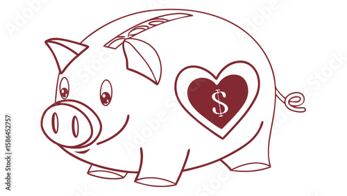 Outline of a pig shaped money box with a heart shape and dollar sign on its side illustration vreated with genrated ai