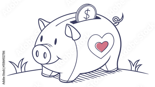 Illustration of a piggy bank with a coin and heart shape on a grassy surface in black and white vreated with genrated ai