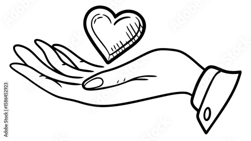 Hand holding a heart sketch with hatching lines in black and white simple line art illustration style vreated with genrated ai