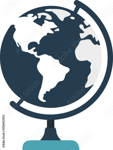 Stylized flat design globe showing continents and oceans on a stand