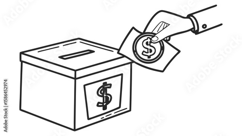 Hand putting dollar coin into donation box with dollar sign in a black and white line drawing style vreated with genrated ai