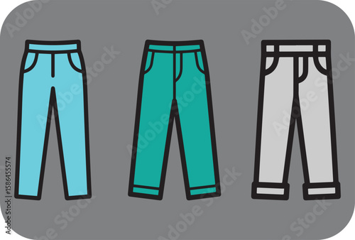 Three pairs of cartoon pants in bright cyan teal and grey colors with black outlines displayed side by side against a neutral grey background