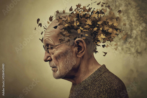 Abstract representation of Alzheimer's disease: an elderly man's mind deteriorating into falling leaves, symbolizing memory loss and cognitive decline.