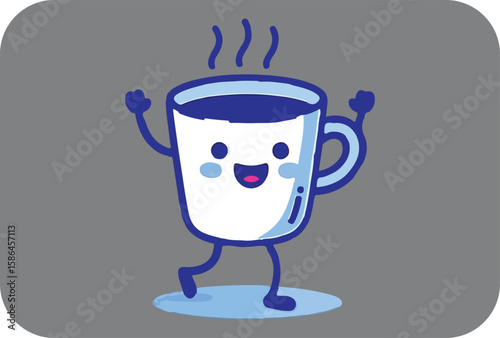 A cute happy cartoon coffee cup character with arms and legs is dancing joyfully with steam rising from its warm beverage