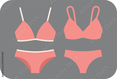 Two coral pink bikinis a bra and matching bottoms displayed side by side on a muted gray background with rounded corners representing summer fashion and beachwear