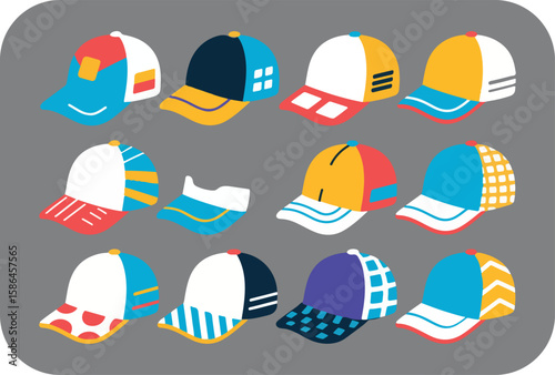 A collection of twelve colorful flat design baseball caps and visors with various patterns and color blocking isolated on a gray background
