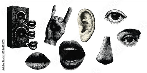 Punk Halftone Anatomy Vector Set, Eyes, Mouths, Ears and Speaker Collage Elements, Retro Cutout Style for Zine Art, Bold Posters & Mixed Media Designs