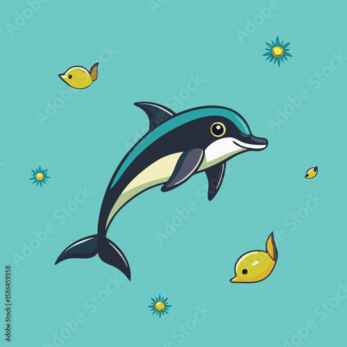 Cartoon dolphin swimming with small fish in turquoise water  
