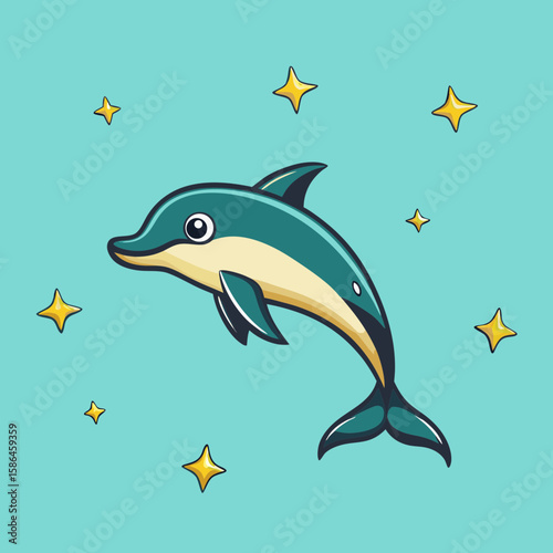 Cartoon dolphin swimming against a light blue background with stars  