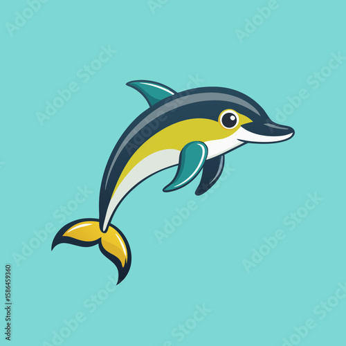 Colorful dolphin illustration swimming on light blue background  