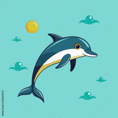 Cartoon dolphin jumping in ocean with sun and clouds in background  