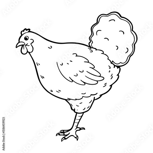 Line drawing of a chicken standing with detailed feathers  