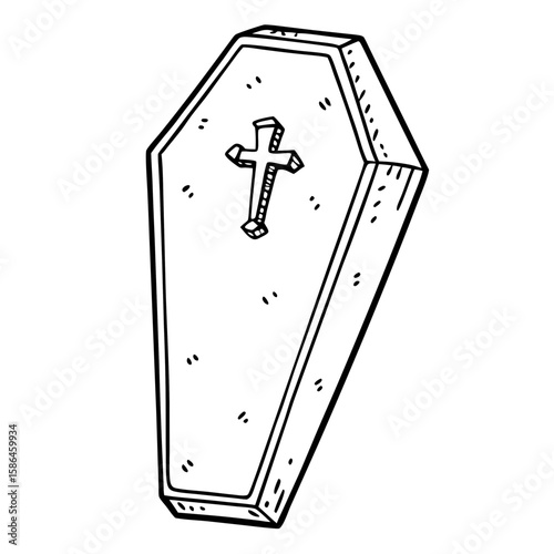 Wooden coffin with a cross design in a hand-drawn style  