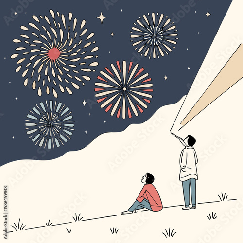 Two people watching fireworks together in night sky outdoors  