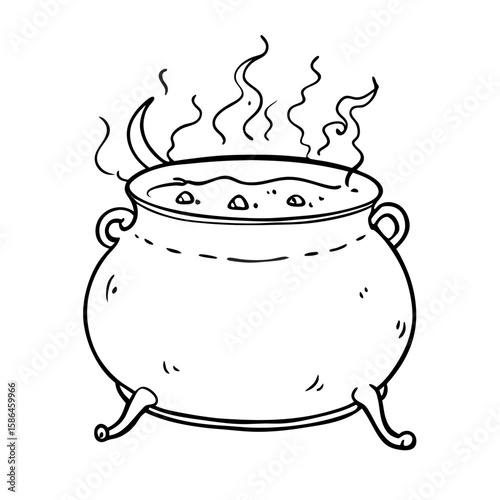 Cooking cauldron with steam rising in a simple line art style  