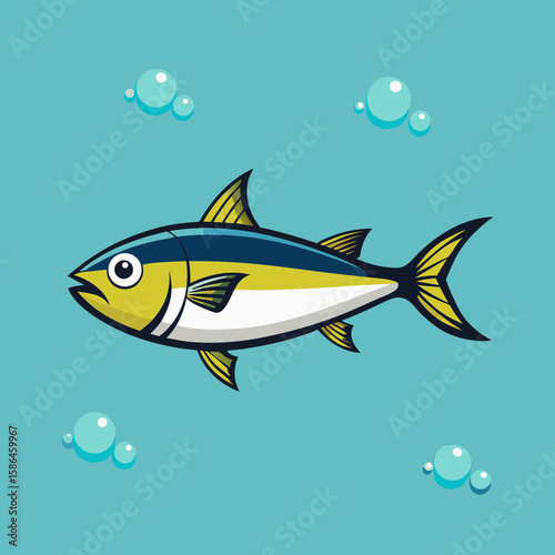 Cartoon fish swimming in water with bubbles on blue background  