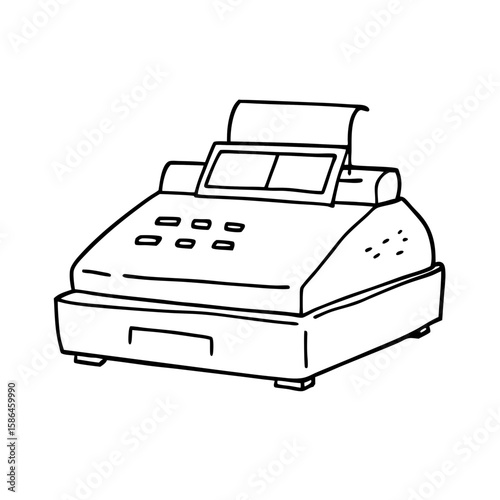 Outline drawing of a cash register with buttons and paper roll  