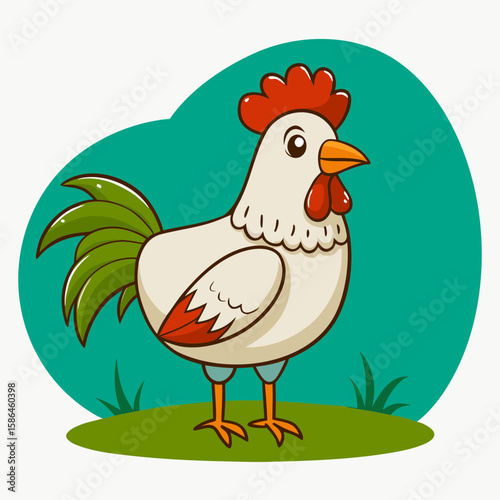 Cartoon chicken standing on green grass with turquoise background  