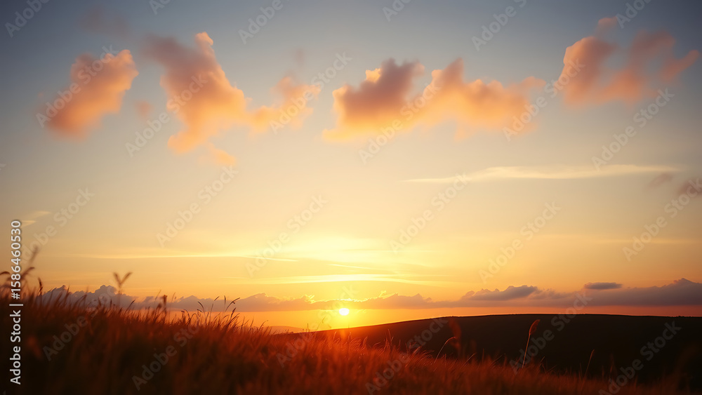 Fototapeta premium Sunset over a Low Hill with Subtle Clouds and Golden Grass