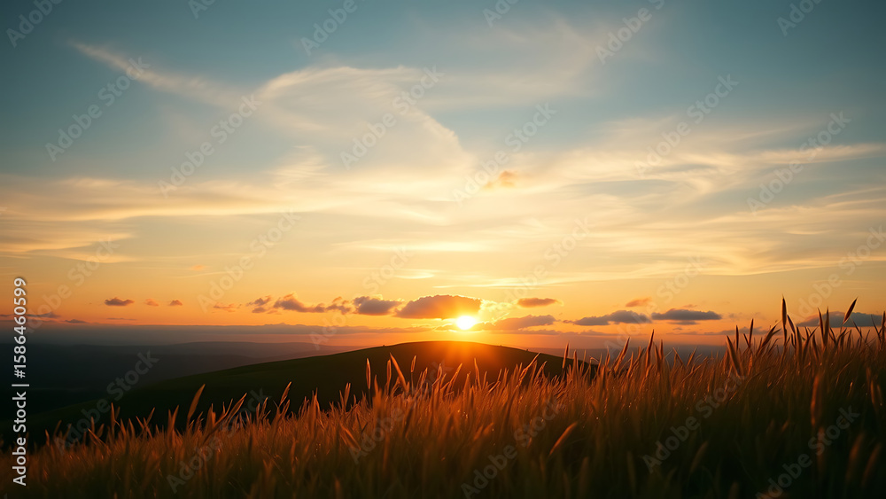 Obraz premium Sunset over a Low Hill with Subtle Clouds and Golden Grass