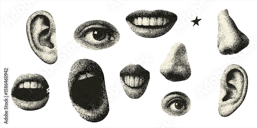 Trendy Halftone Vintage cutout Facial Parts Vector Set, Ears, Eyes, Mouths & Noses in Cutout Style, Surreal Retro Clipart for Collage Artists, Zines & Mixed Media Design