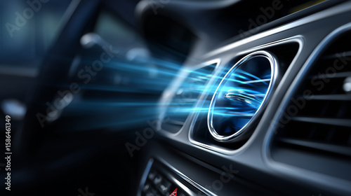 A car air conditioning vent inside a vehicle, providing cool and comfortable airflow. Perfect for automotive comfort, technology, or interior themes.