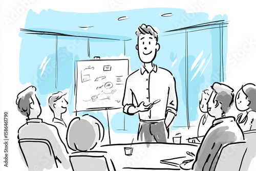 business presentation in the office line drawing style, thick lines, cartoon explainer video style